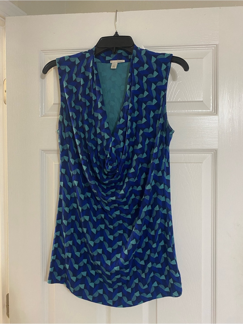 Halogen Blue & Teal Geometric Draped Cowl Neck Sleeveless Top